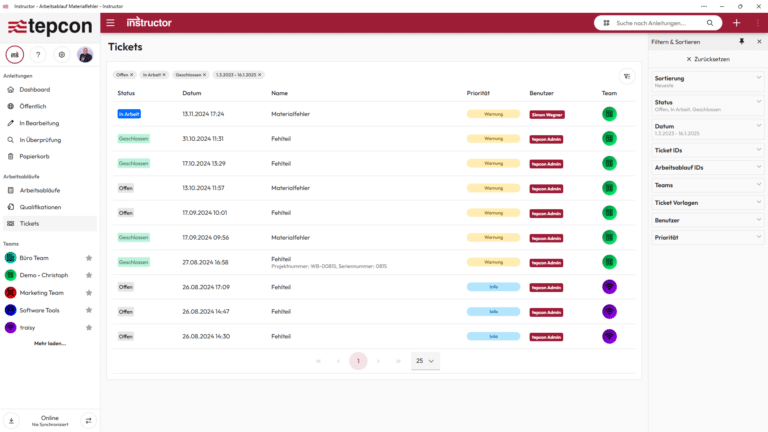 Bildschirmfoto: Ticket Liste