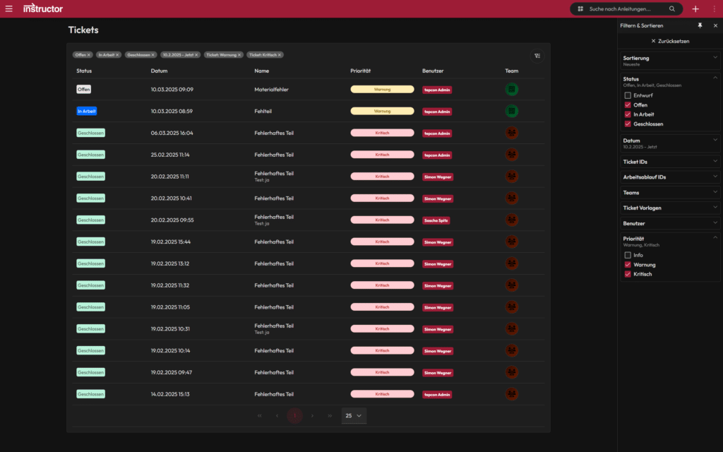 Bildschirmfoto - Ticket Übersicht