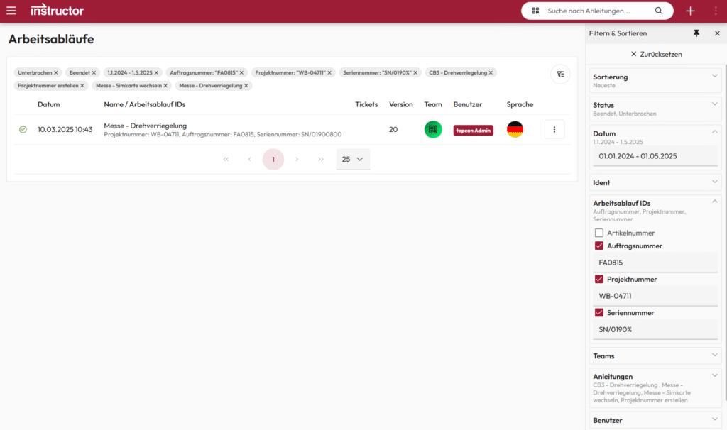 Bildschirmfoto - Arbeitsablauf Auftrags Filter